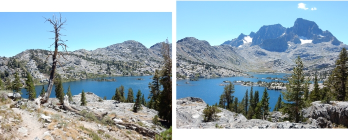 These two photos show most of Garnet Lake - the trail briefly traces its north shore, crosses its outlet on a footbridge, then goes upward along its south shore before climbing steeply up the ridge to the south of the lake.