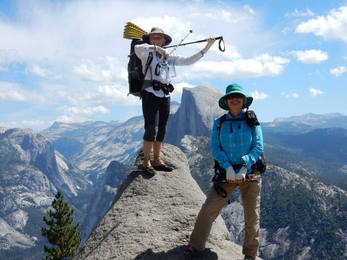Laurie and Betty (l-r), at Glacier Point on Aug. 13, ready to hit the trail for our 22-day hike.