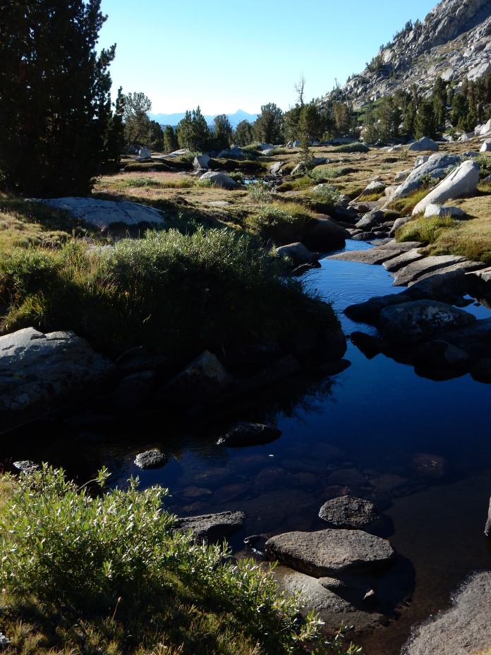 A morning view of the beautiful water and rock-slab feature by last night's camp, about 1.7 miles past Donahue Pass.